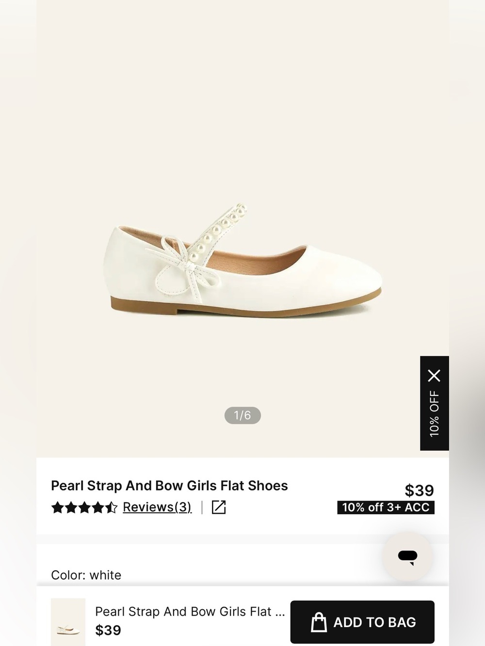 Azazie Girls White Pearl-Accent Mary Jane Flats